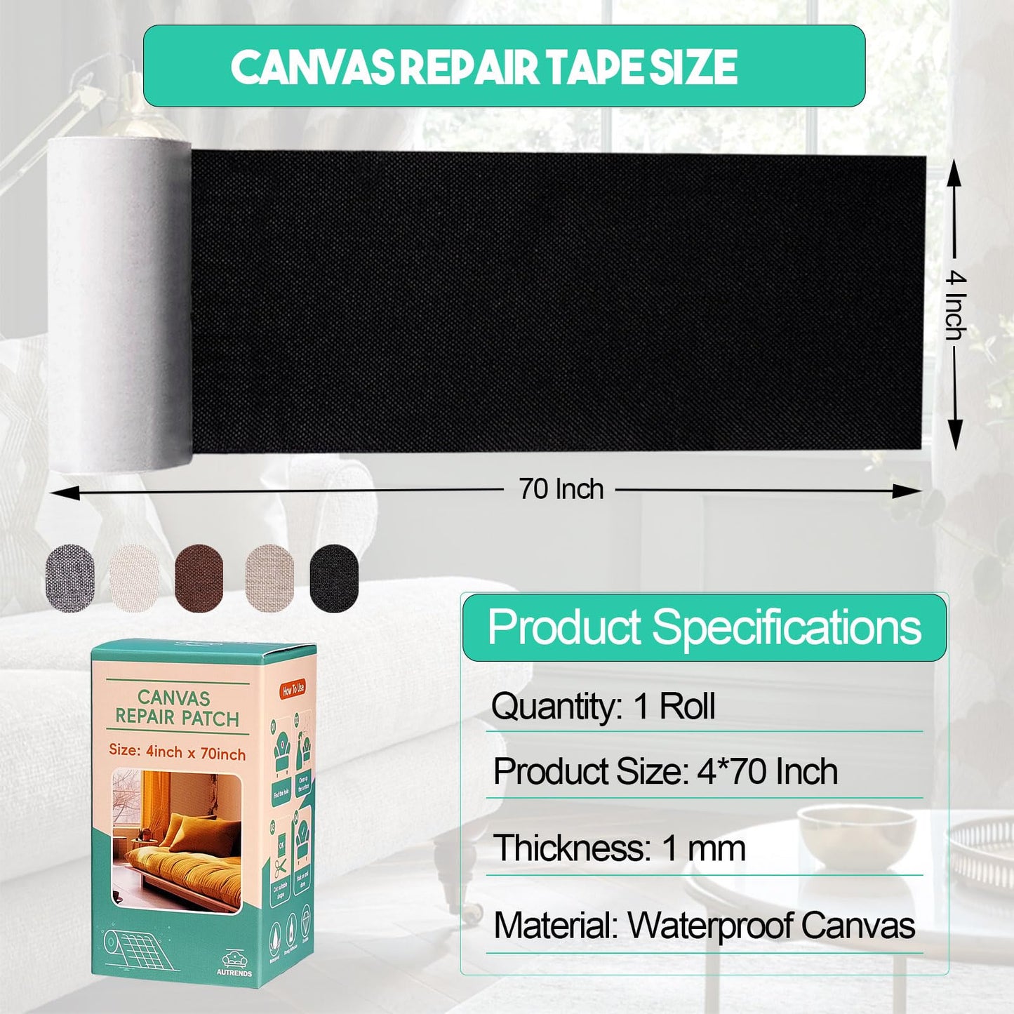 Autrends Canvas Repair Tape,Fabric Repair Patch,4×70 Inches,Outdoor Gear Patch, Waterproof,Self-Adhesive for Repairing Boat Covers,Tents,Sofas,Patio Umbrellas,Lounge Chairs,Awnings Dark Brown