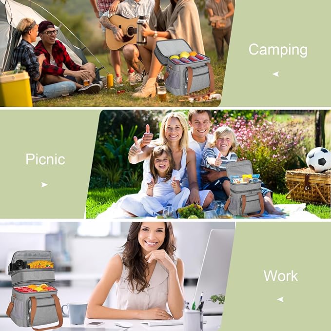 GLENKEY Double Deck Insulated Lunch Box, Expandable Large Lunch Bag Leakproof Cooler Bag Lunch Pail for Men Women Adults Work Shifts Travel Daytrip, Grey