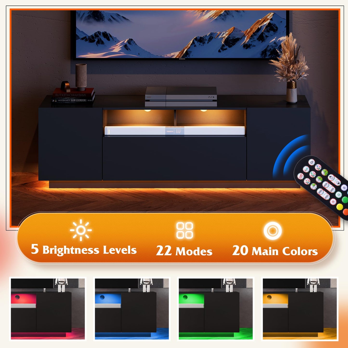 WLIVE TV Stand with LED Lights & Large Storage Cabinet, Modern Entertainment Center for 65 Inchs TV, Sturdy Media Console for Living Room, Bedroom,Gaming(Black)