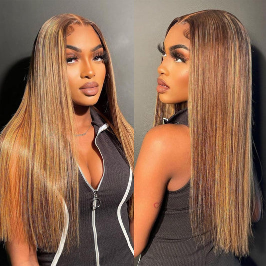 ALLRUN Highlight Lace Front Wig Human Hair 13x6 Highlight Wigs Human Hair Straight P4/27 Highlight Ombre Human Hair Honey Blonde Wig Hd Lace Front Wigs Pre-Plucked With Baby Hair 22 Inch