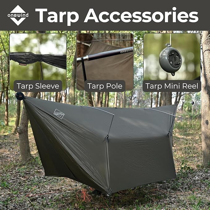 onewind 12ft Hammock Tarp, Ultralight Tarp Lightweight and Waterproof Silnylon Hammock Rain Fly, Versatile Camping Tarp with Doors, Easy to Setup with Stuff Sack, Tent Stakes, Dark Grey
