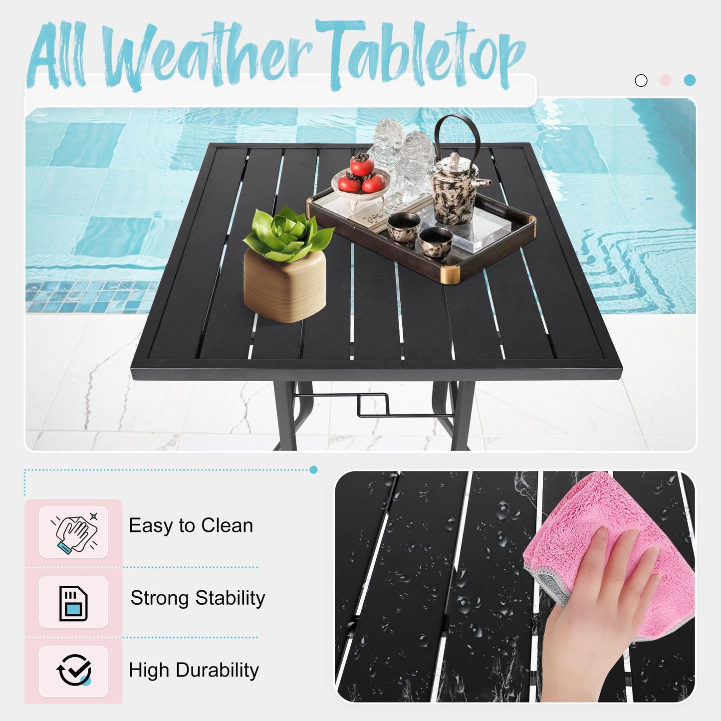 Incbruce Patio High Bar Table, 39" Height Bistro Table with 1.57'' Umbrella Hole, Square Outdoor High Top Table Metal Steel Frame and Slat Design (Slatted Tables Top), Black