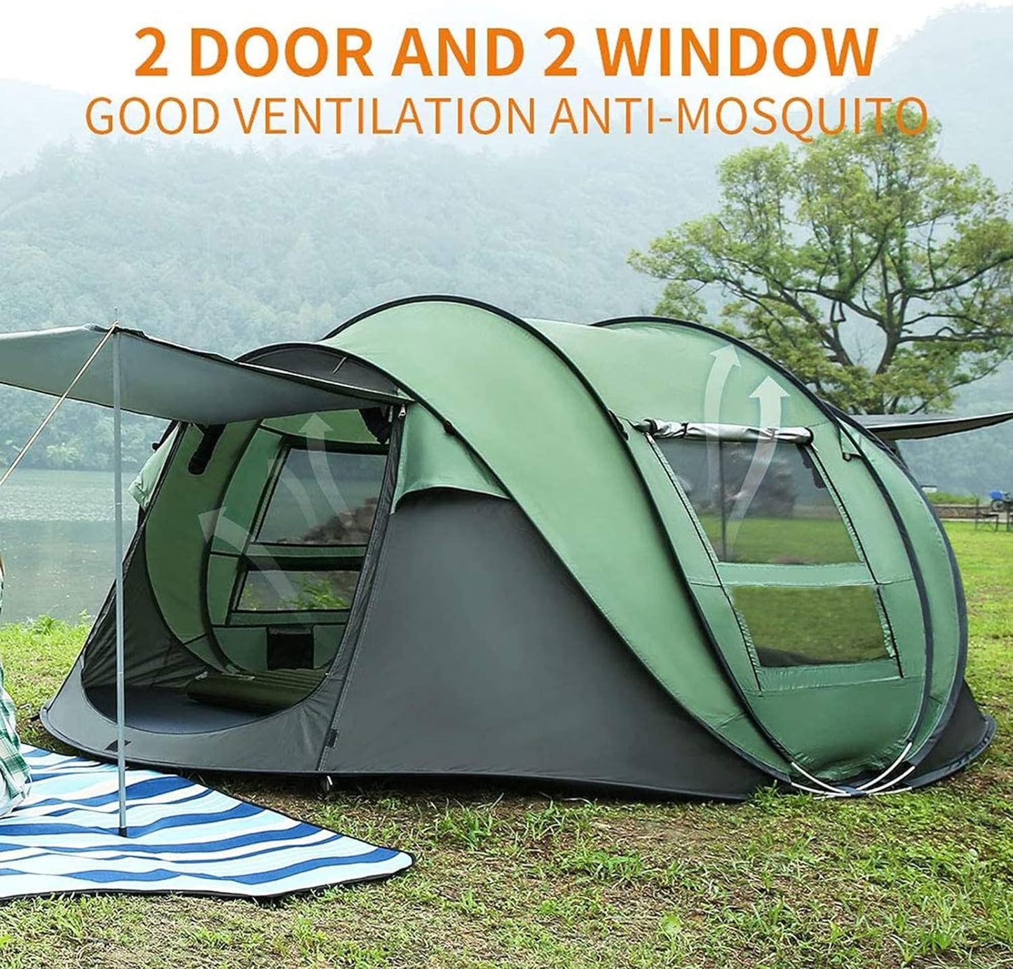 HEWOLF 3-4 Person Pop Up Tents for Camping Easy Set Up Pop Up Tent Waterproof Portable Tent Automatic Setup with 2 Bigs Doors Family Tents for Hiking (Green)