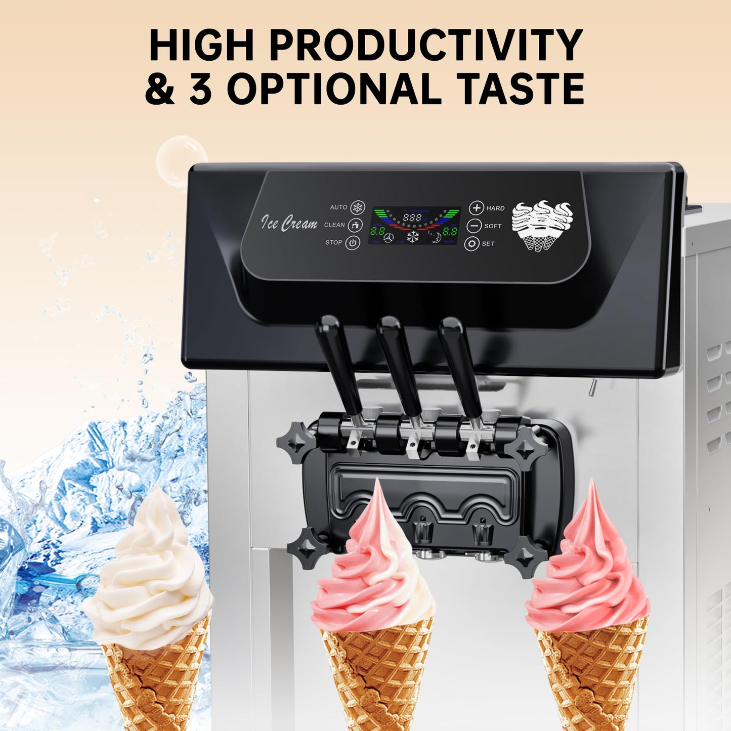 Soft Serve Ice Cream Machine Commercial & Home Use - 2+1 Flavors, 2200W, 5.3-7.4Gal/Hour | Auto Clean, Quiet Operation | Countertop Ice Cream Maker for Shops, Cafes, Parties