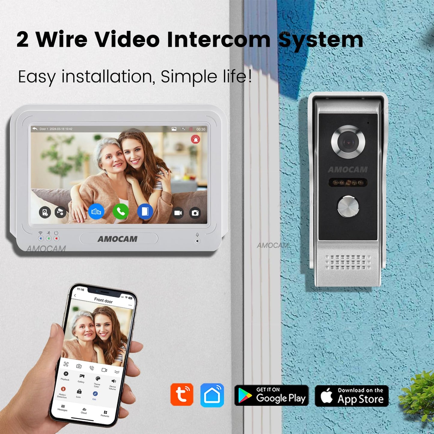 AMOCAM Wireless WiFi Video Doorbell Intercom System, 1080P Video Door Camera with Monitor, 7 Inch Touch Screen Video Door Phone, No Monthly Fees, Tuya APP Remote Intercom (Wired Power)