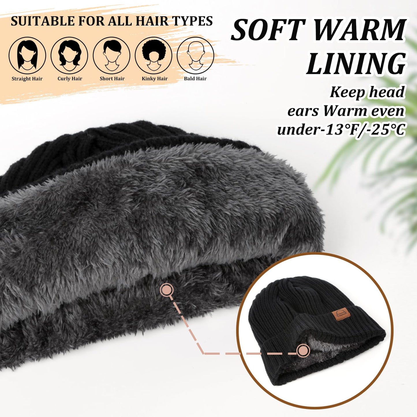 Amzjjle Fashion Knit Beanies Hats, Black Mens Beanies, Warm Beanie for Women, Beanies Hats for Winter, Fleece Lined Beanie, Thermal Thick Polar Fleece Snow Skull Cap for Men and Women