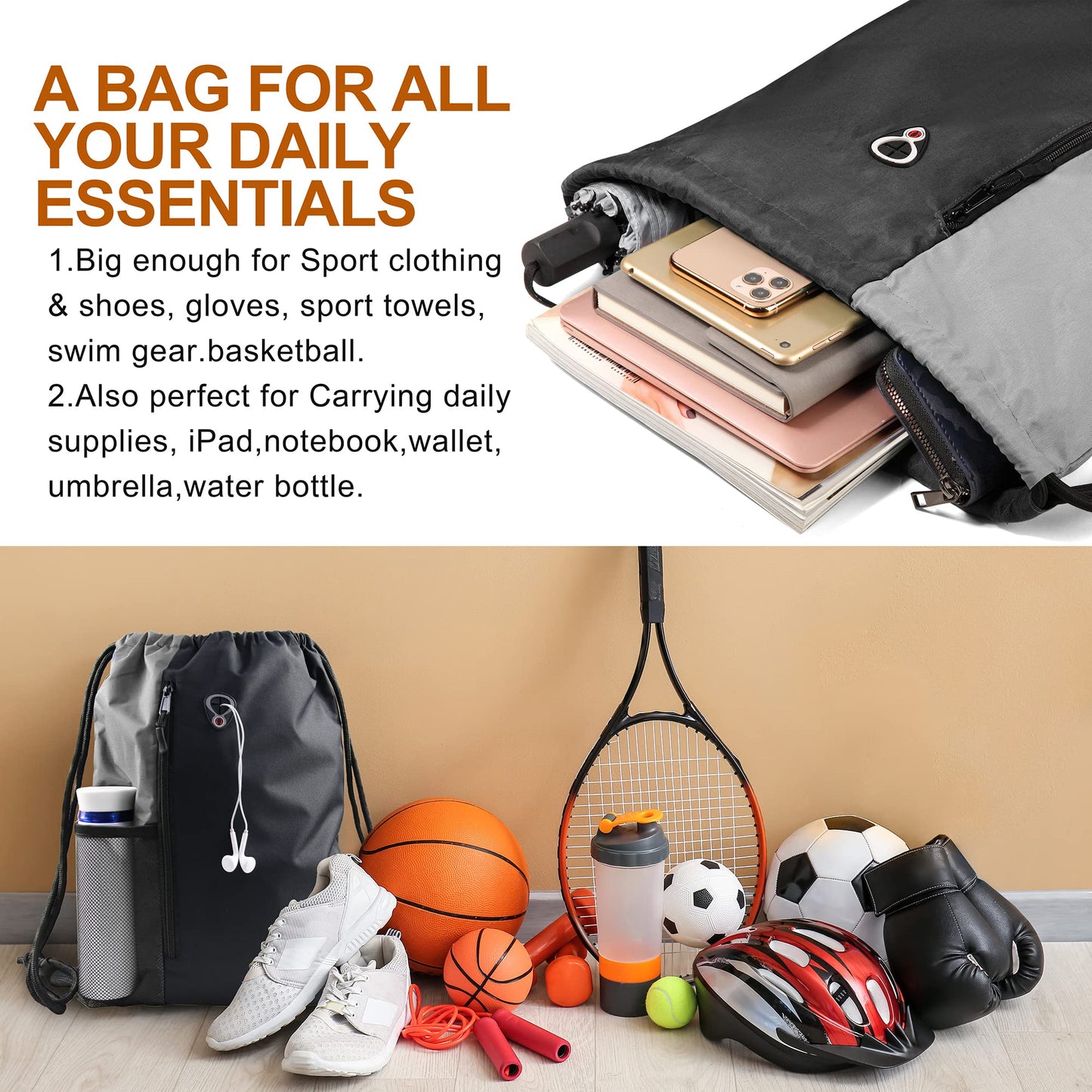 BeeGreem Grey Sport Bag Drawstring Backpack String Bag For Men Women Gym Backpack With Water Bottle Mesh Pockets And Two Zipper Pockets 16" x 20"