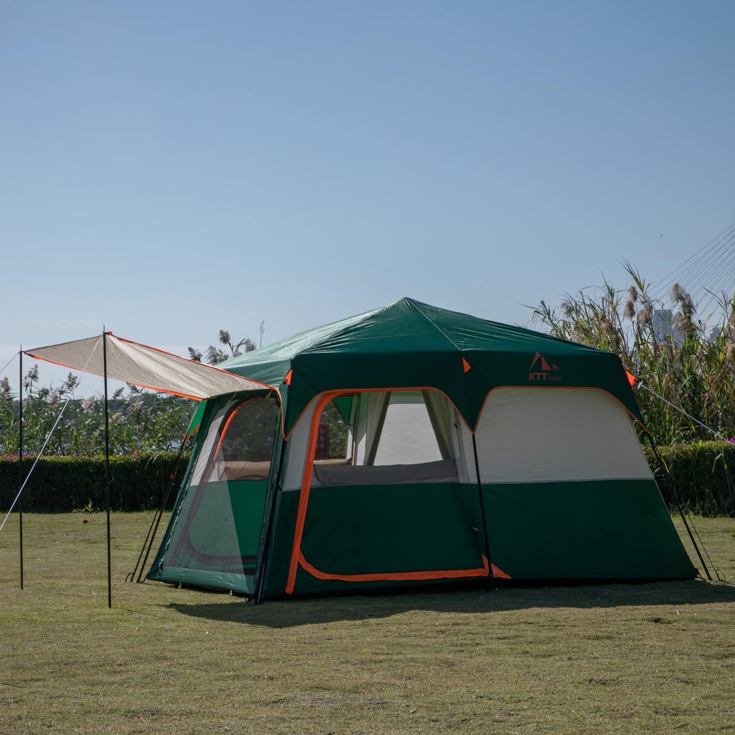 KTT Instant Tent 6-8 Person A,Large Family Cabin Tents,Automatic Tent Build Quickly in 60S,2 Rooms,2 Top Windows,3 Doors and 3 Windows with Mesh,Waterproof,Big Tents for Outdoor,Picnic,Camping(Green)
