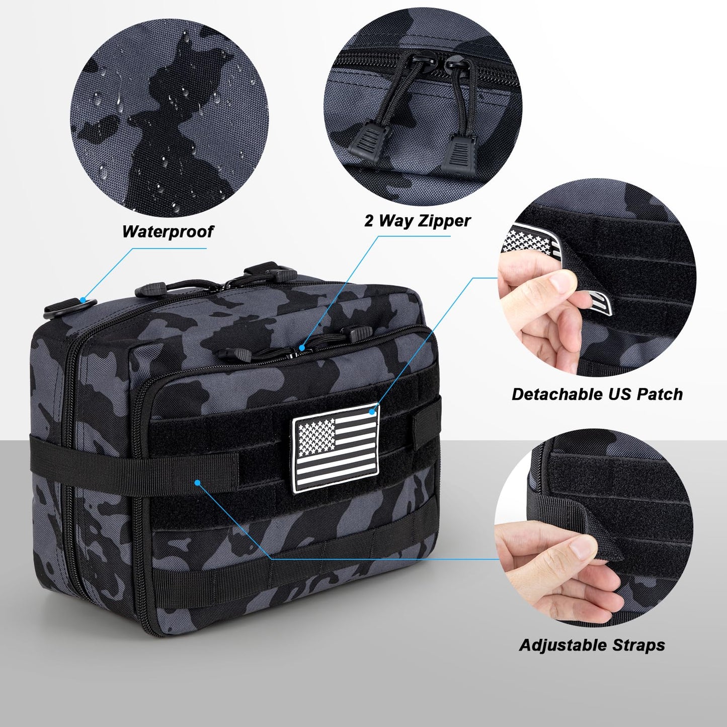 Jueachy Tactical Molle Pouch Admin Bag Utility Tool Pouches Molle Attachment EDC Large Pouches Expandable Molle Accessories Organizer Medical Pocket U.S.A Patch Included Black Camouflage