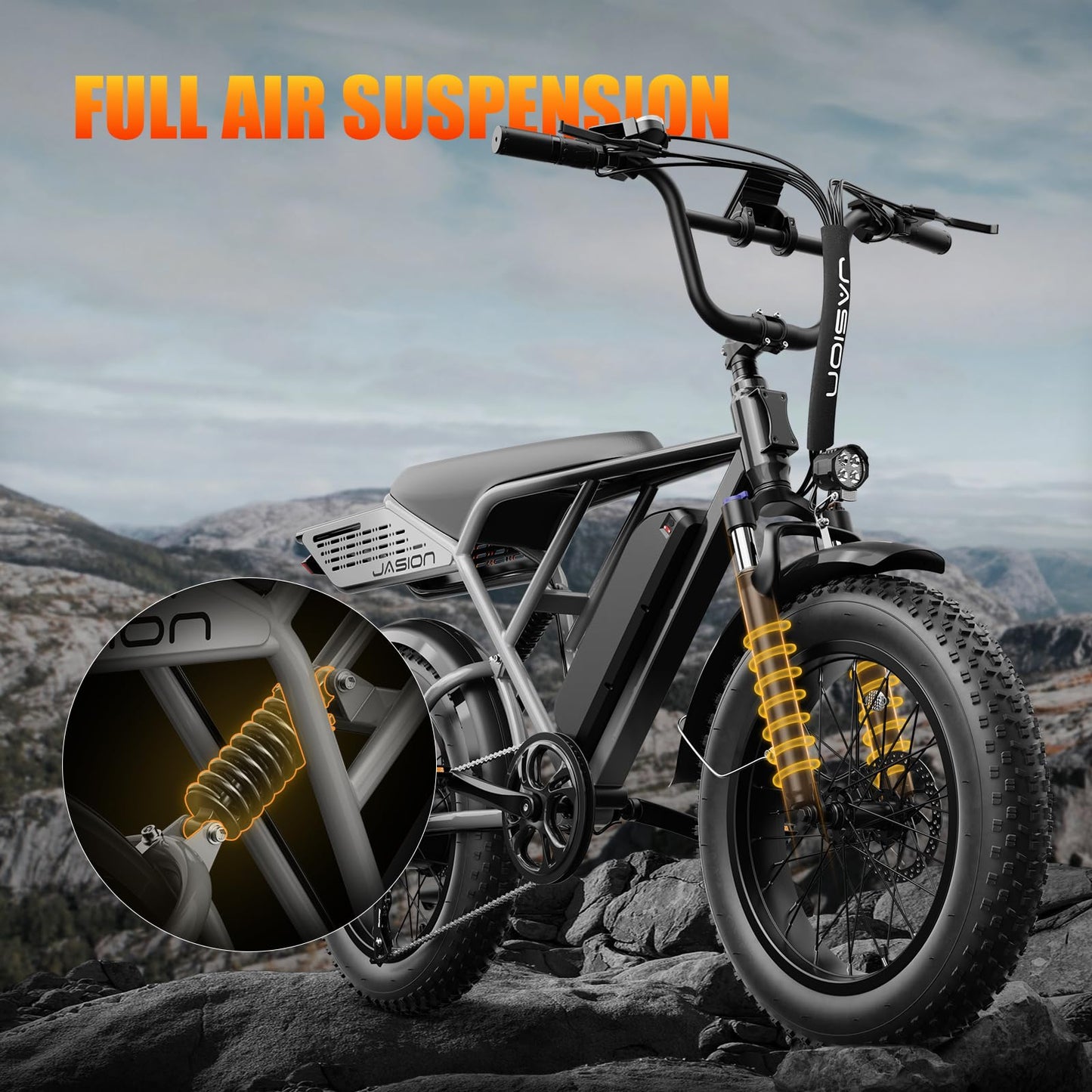 Jasion RetroVolt Electric Bike, 1500W Peak Motor up to 30MPH, 624WH Removable Battery, 70Miles Max Range (PAS1), Full Suspension, 20'' Fat Tire All Terrain Retro Style Electric Bike for Adults