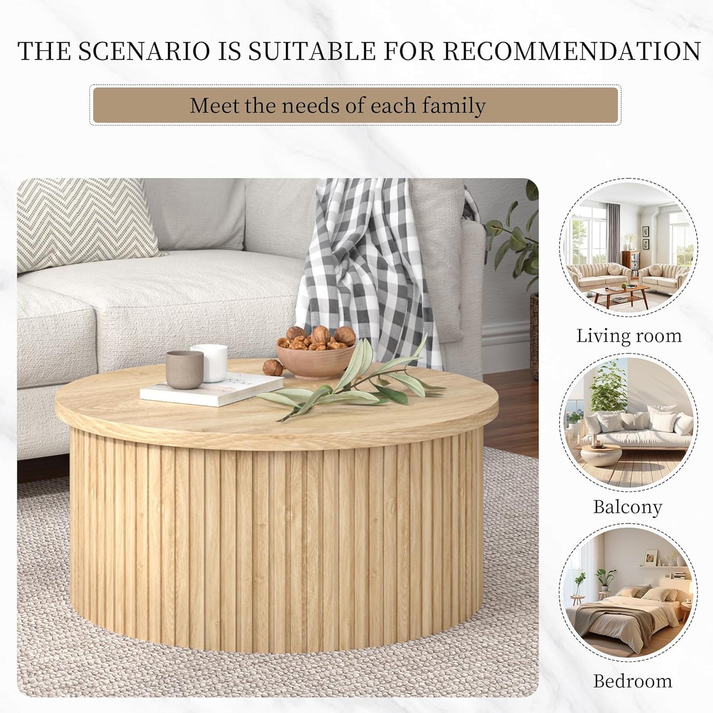 Fsbecl Round Fluted Lift Top Coffee Table with Storage, 34.6'' Farmhouse Round Coffee Tables for Living Room, Circle Wood Accent Center Table for Home, Office, Cafe (Wood Color)
