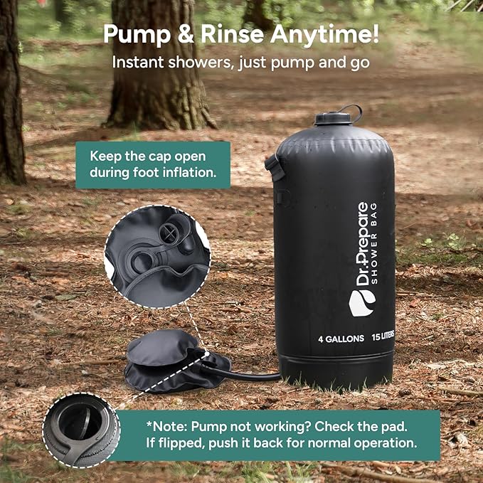 DR.PREPARE Camping Shower, 4 Gallons/15L Portable Shower with Foot Pump, Large Water Inlet, Outdoor Camp Shower Bag for Camping, Beach, Hiking, Climbing