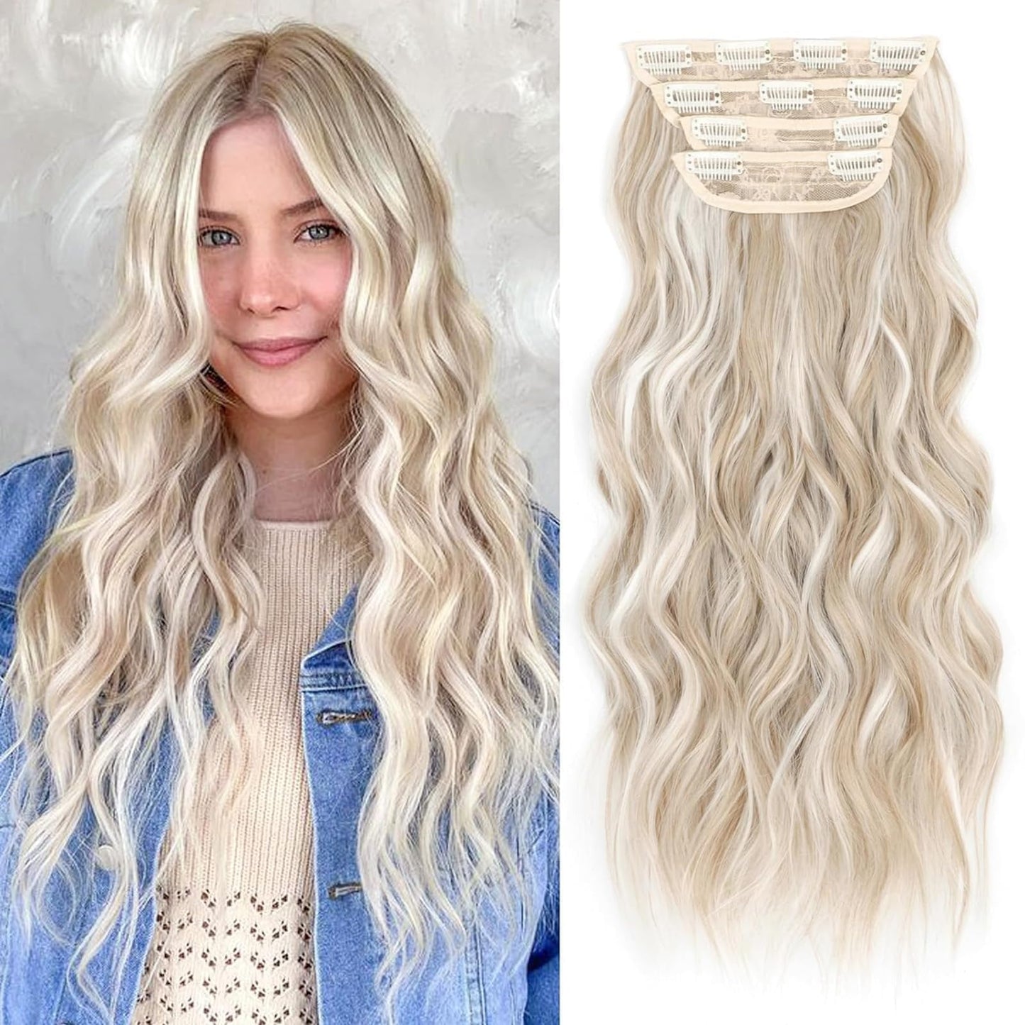 ALXNAN Clip in Long Wavy Synthetic Hair Extension 20 Inch Ash Blonde Mix Highlights 4PCS Thick Hairpieces Fiber Double Weft Hair for Women