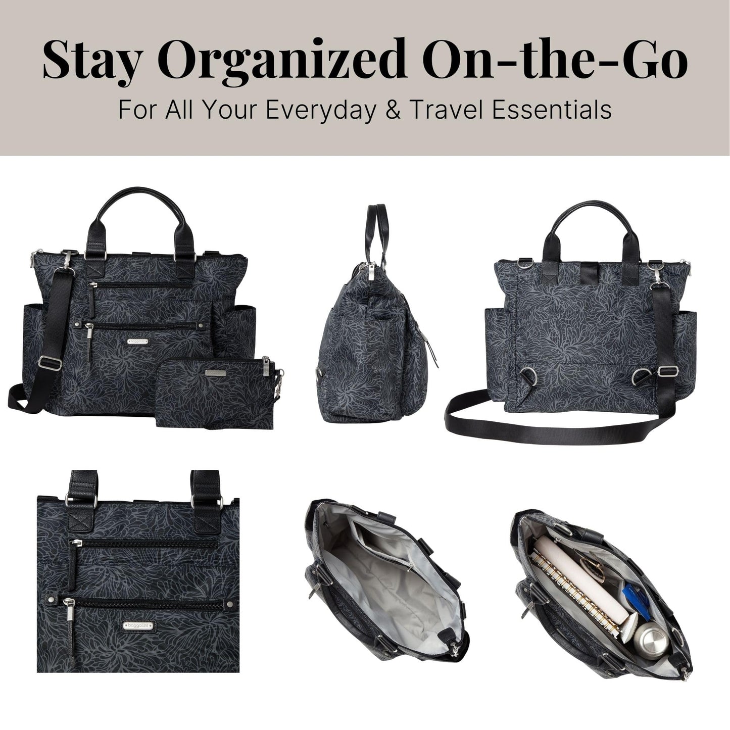 Baggallini 3-in-1 Convertible Backpack with RFID Phone Wristlet Midnight Blossom One Size