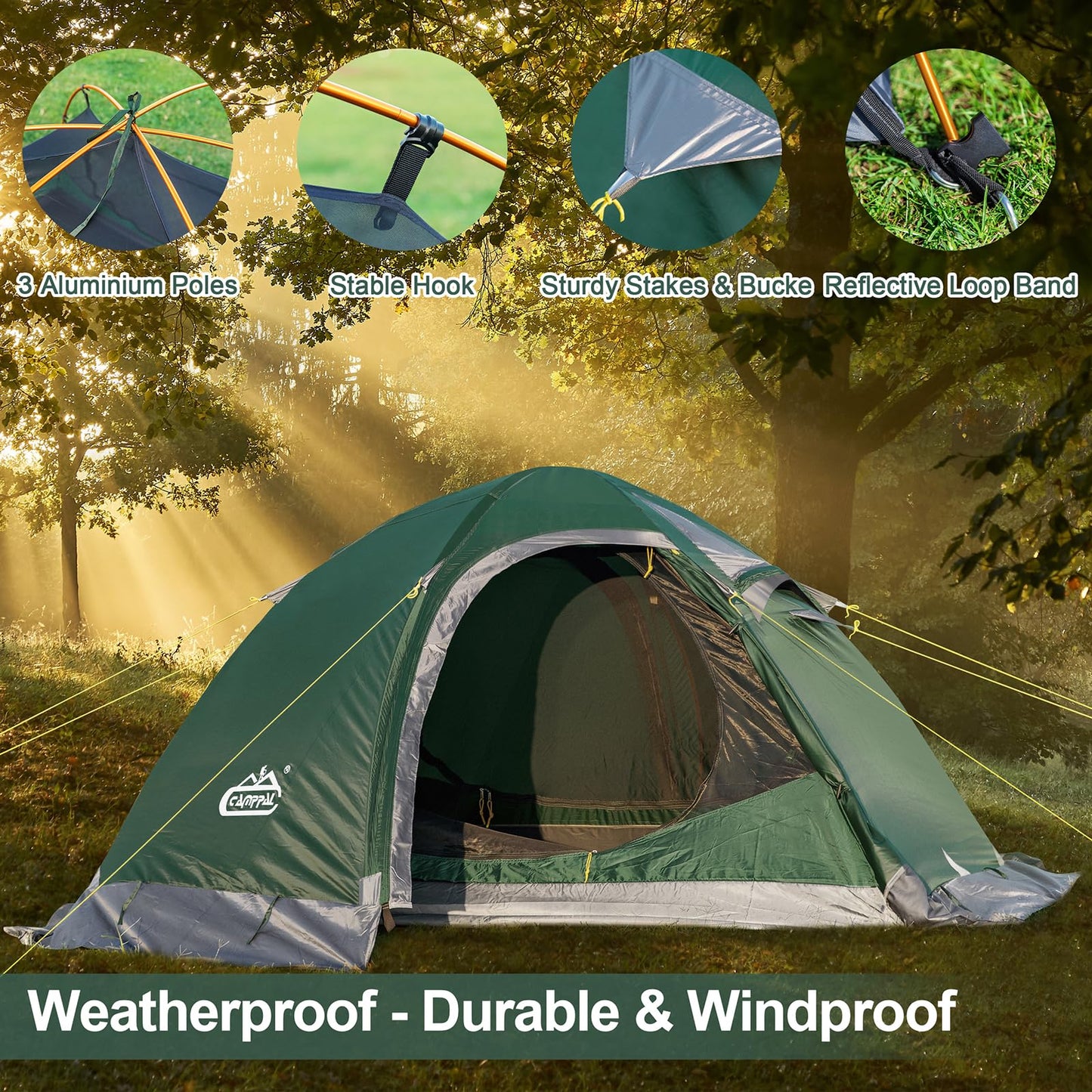 Camppal 2 Person Backpacking Tent, Waterproof 4 Season Tent, Windproof Rainproof Cold Weather Winter Tent for Camping, Hiking, Hunting, Motorbiking, Cycling - Green