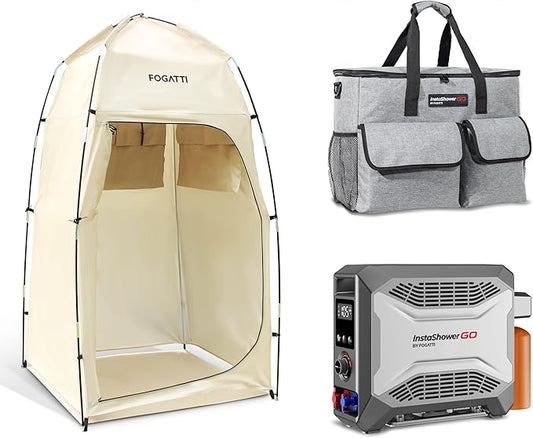 FOGATTI Camping Shower Tent with InstaShower GO Portable Water Heater and Carrying Bag