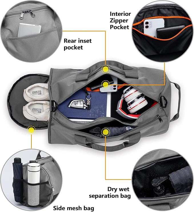 TUGUAN Basketball Gym Bags for Men Women Small Travel Duffle Bag Wet Pocket & Shoes Compartment Overnight Weekender Duffel Bag Sports Gym Tote bag Man 40L, grey