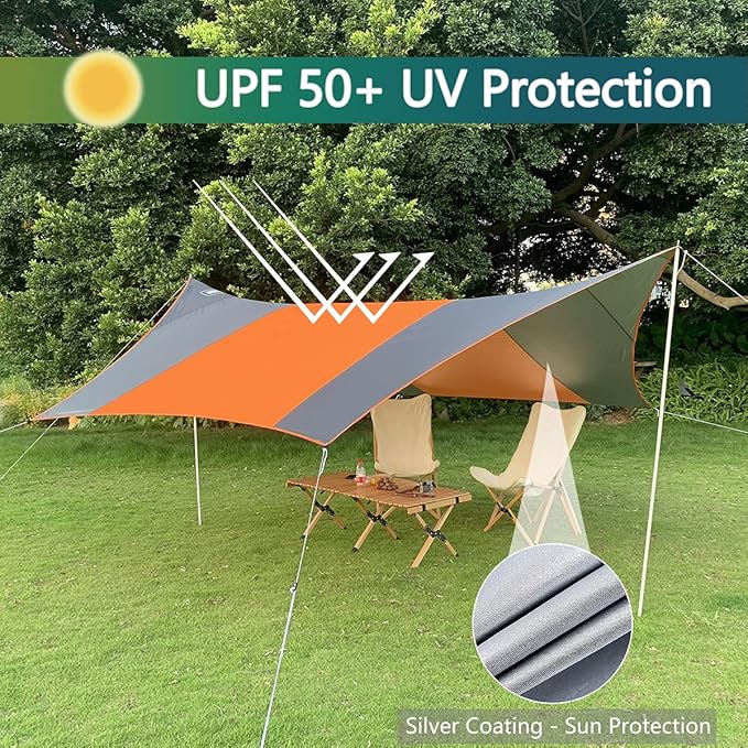 13.5 * 13.5ft Camping Tarp Shelter with Poles Large Tent Tarp Waterproof Rain Fly for Hammock Cover Bushcraft Picnic Backpacking Outdoor Survival