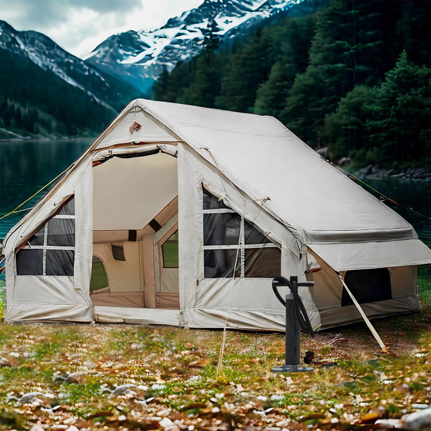 Inflatable Tent with Pump, 4-6 Person Glamping Camping Tents House, Easy Setup Blow Up Family Tents for 4 Seasons Waterproof Inflatable Tent for Camping with Mesh Windows.