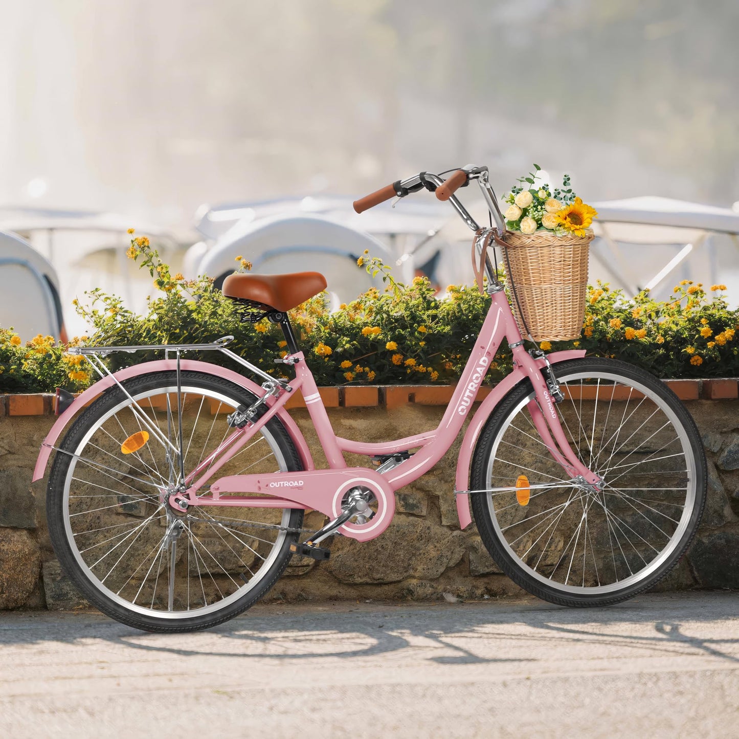 Outroad Beach Cruiser Bike, 24 inch Commuter Bicycle for Adult Men and Women,High-Carbon Steel Comfortable City Bikes with Rear Rack or Basket,Pink