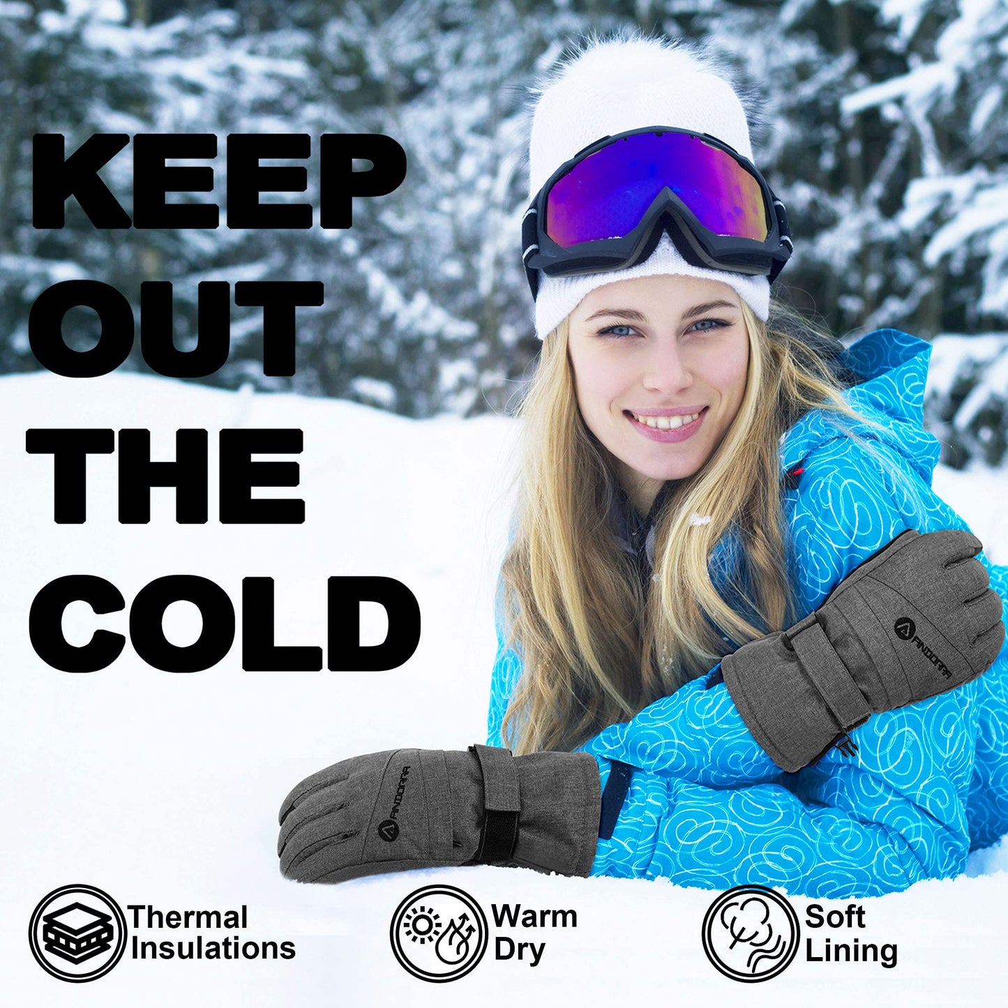 ANDORRA Women's Winter Gloves Waterproof Touchscreen Ski Gloves, Grey, L