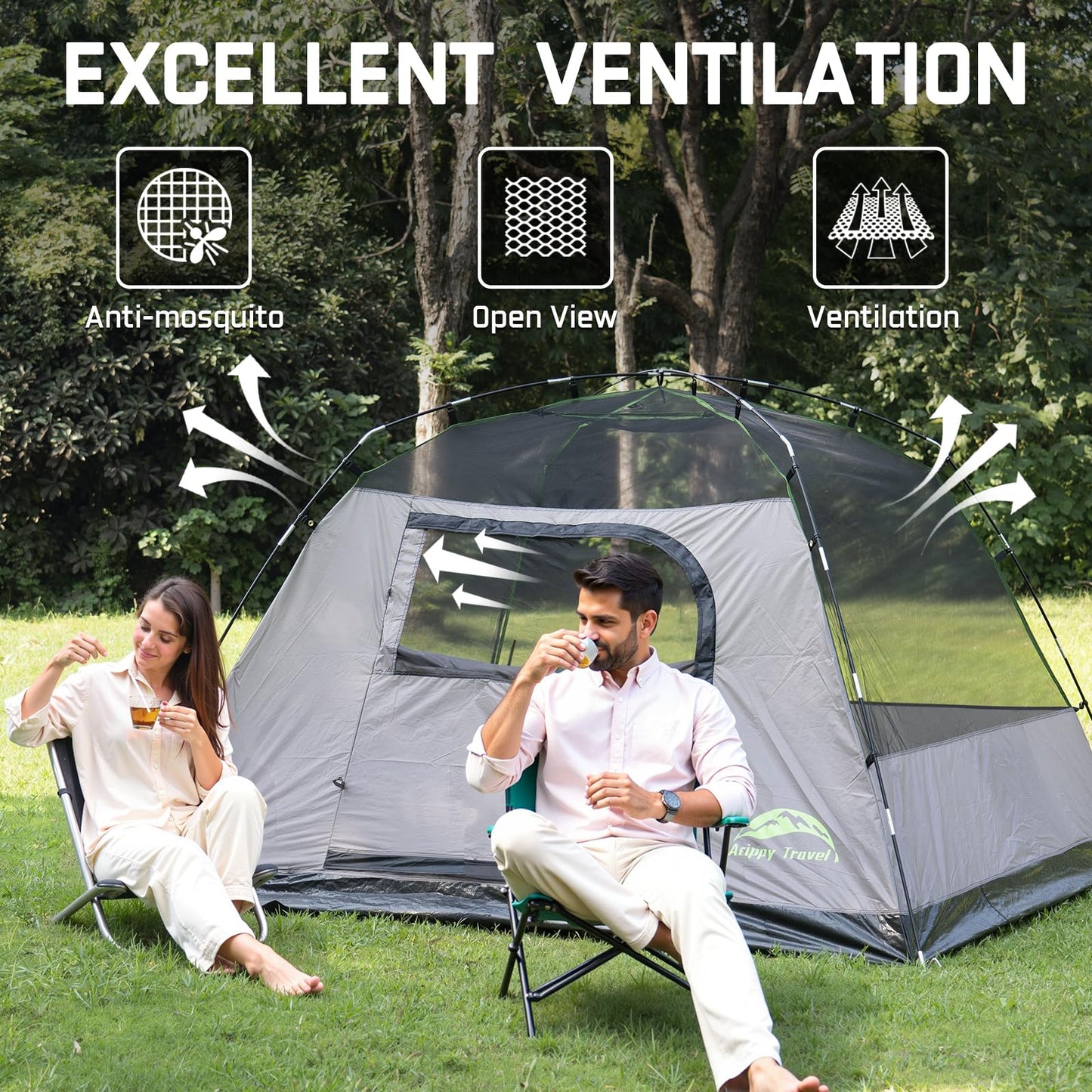 Happy Travel Camping Tent, 4 Person Dome Tents for Camping with Rainfly, Waterproof Clip Easy Setup Portable Family Tent with Mesh Windows, 20% More Headroom Backpacking Tents for Camping & Hiking