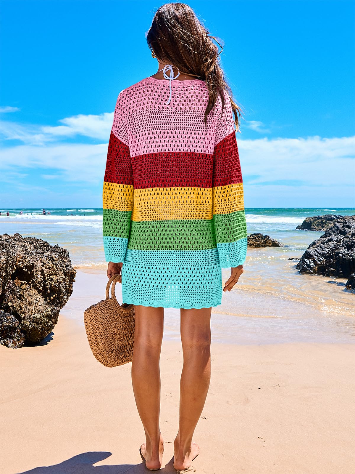 ANRABESS Women Swimsuit Crochet Swim Cover Up 2024 Summer Bathing Suit Swimwear Mesh Knit Beach Dress Vacation Outfits Rainbow Stripe Small