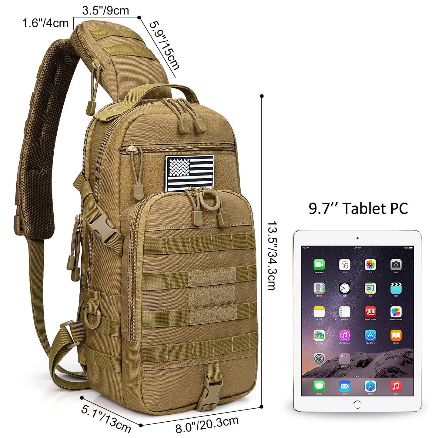 G4Free EDC Bag Tactical Sling Bag Backpack Molle Chest Shoulder Assault Pack Rectangular Outdoor Daypack(Khaki)