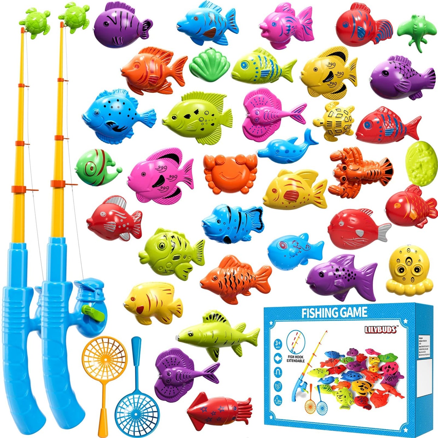 Magnetic Fishing Pool Toys Game for Kids Toddlers 3-5 4-8, Fishing Water Table Bathtub Toy with Inflatable Pool Pole Rod Net Plastic Floating Fish, Water Bath Pool Outdoor Toys for Kids Toddlers Baby