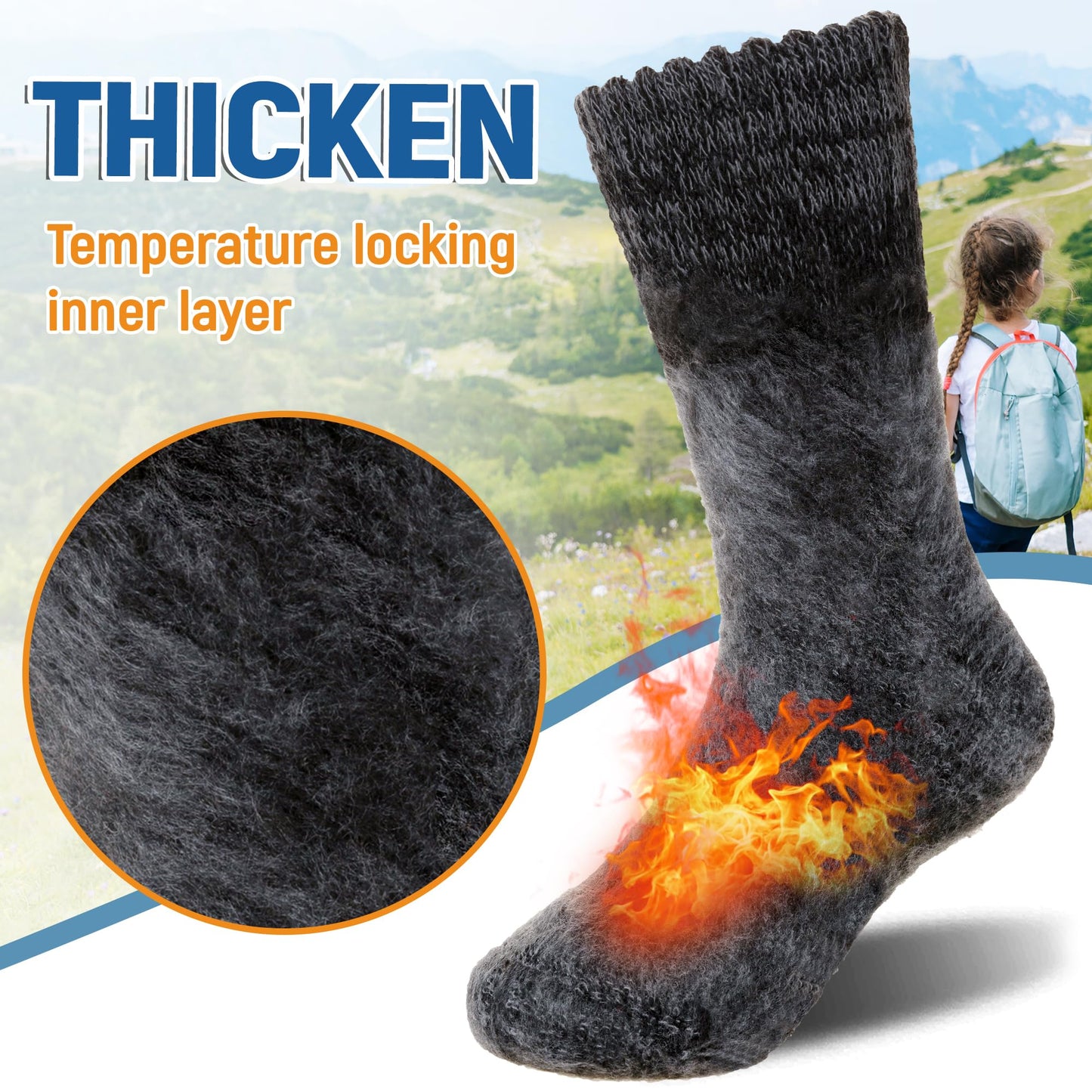AMENLAN Kids Heated Hiking Socks Winter Children Thick Soft Warm Thermal Snowboarding Boy Girls Insulated Socks 4 Pairs (Multicolor B, 8-12 Years)
