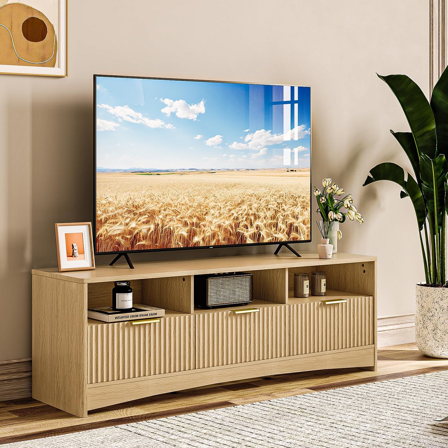 Amada TV Stand for 50-65" TV, Fluted Modern TV Stand Entertainment Center with Drawers and Open Shelf, Waveform Panel, Sleek Curved Profile Media TV Console Table for Living Room, Bedroom, Nature Oak