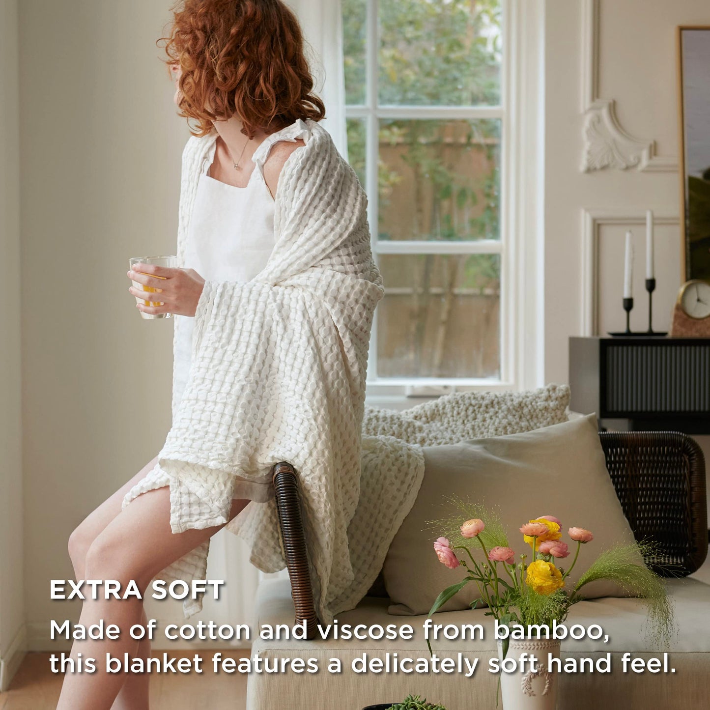 Bedsure Cooling Cotton Waffle King Size Blanket - Lightweight Breathable Summer Blanket of Rayon Derived from Bamboo for Hot Sleepers, Luxury Throws for Bed, Couch and Sofa, Ivory, 104x90 Inches