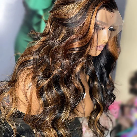 ANDRIA Highlight Brown Lace Front Wig Loose Wave with Baby Hair Dark Roots Ombre Brown Glueless Black and Brown Long Body Wave Synthetic Heat Resistant Fiber Colorful Wigs for Black Women