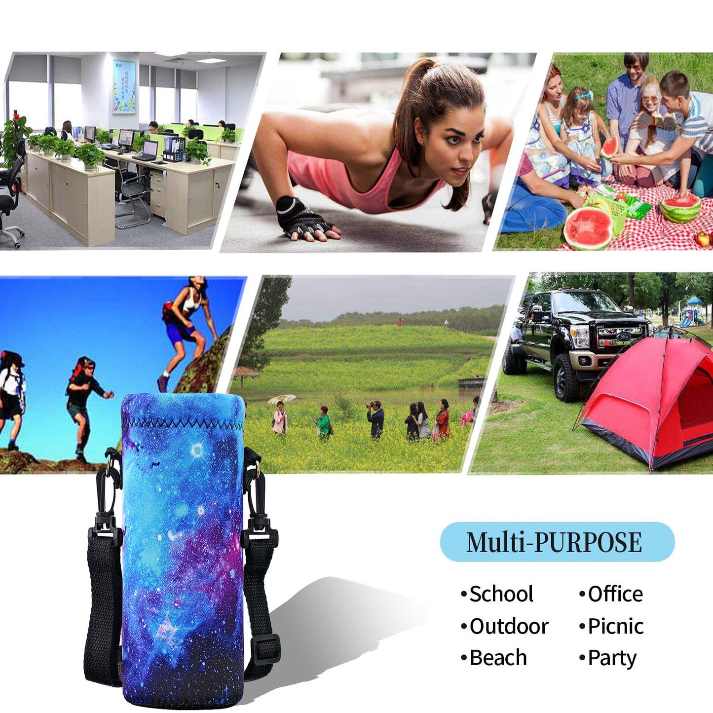 RICHEN Neoprene Water Bottle Carrier Bag with Adjustable Shoulder Strap,Insulated Water Bottle Cover for 750ml/24oz Stainless Steel/Glass/Plastic Bottles (Galaxy,750ML)
