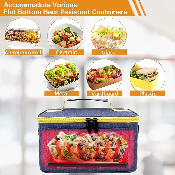 Aotto Portable Electric Lunch Box Food Heater, 12V/24V/110V 3-in-1 Car Food Warmer Heated Lunch Box for Adults, Cook, Reheat & Keep Meals Warm for Car, Truck, Travel, Work, Home - Navy Blue