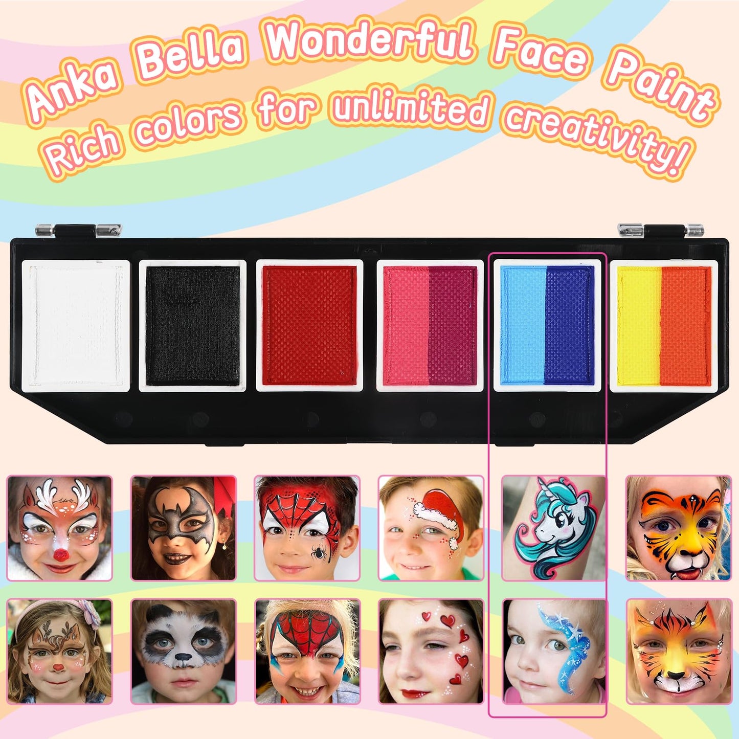 Anka Bella Professional Face Paint（60gm),Water Activated Face Body Painting Kit for Kids & Adults,Hypoallergenic & Non-Toxic,Perfect for Birthday Parties/Halloween/Carnival