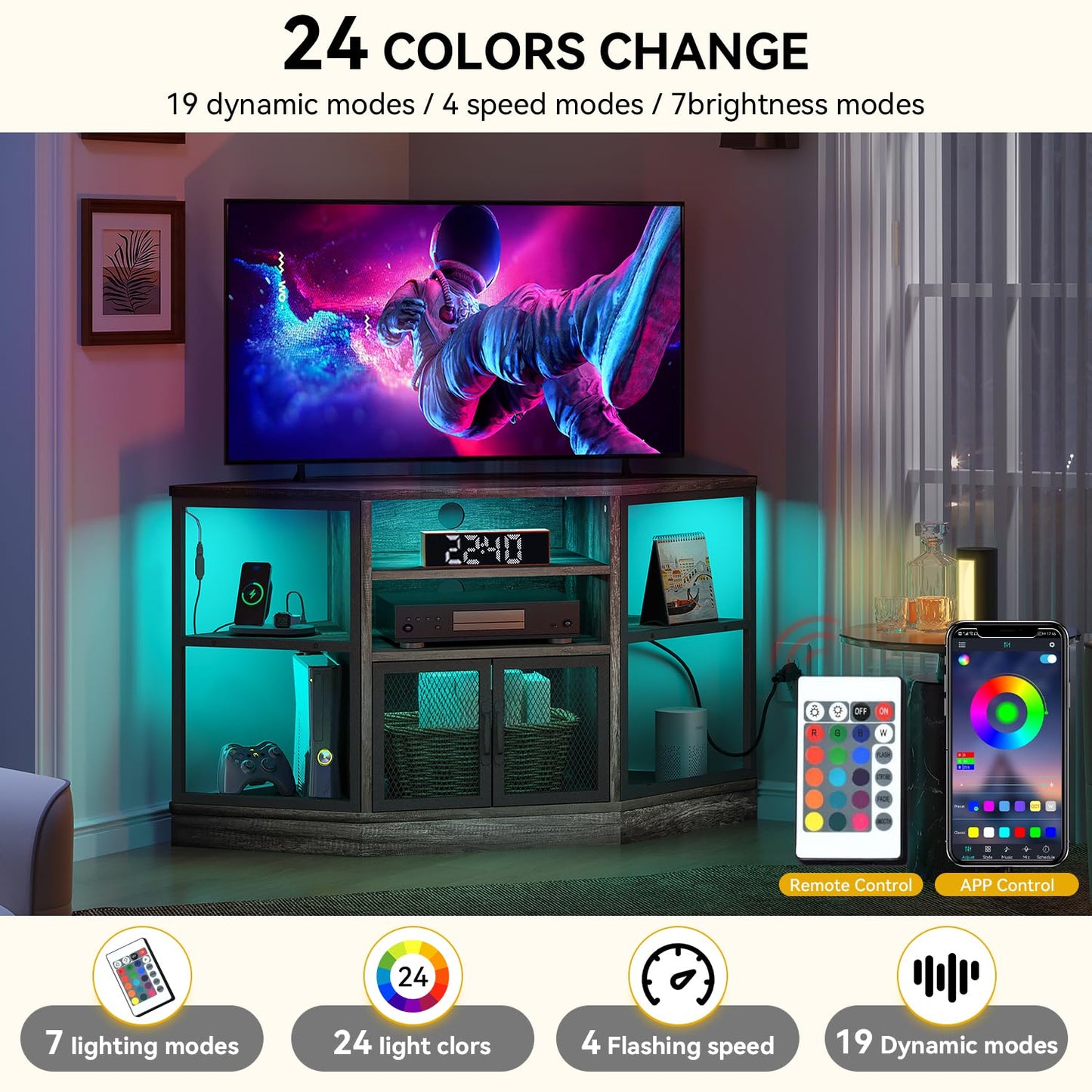 DWVO Corner TV Stands, Corner Entertainment Center, TV Cabinet with Power Outlet, LED Light Strip and Adujustable Shelf, Space Saver Hexagon Small TV Consoles for Living Room, Dark Grey