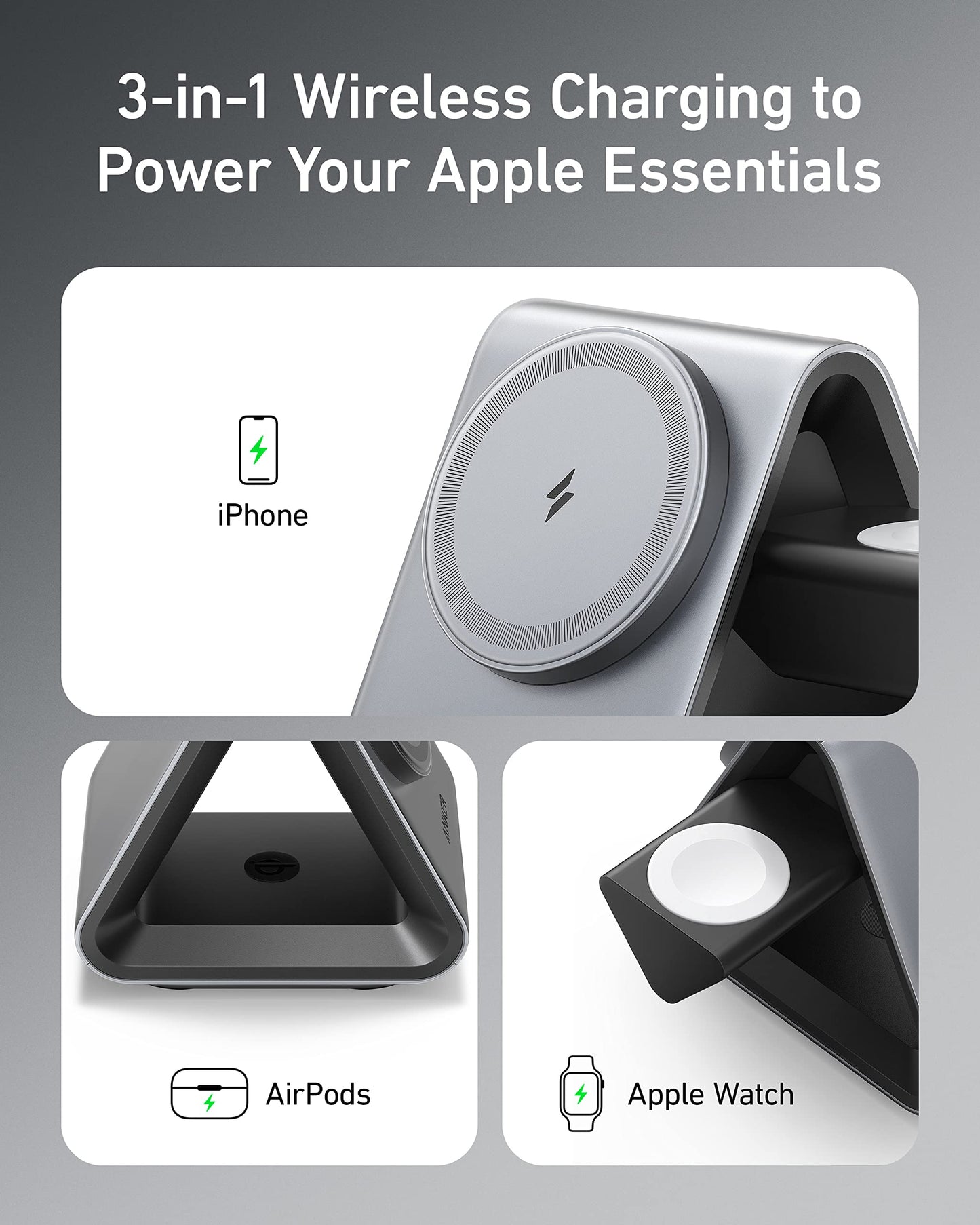 Anker MagSafe Charger Stand, 737 MagGo Charger, 3-in-1 Charging Stand with MFi-Certified 15W Max Fast Charging, iPhone 15/14/13/12 Series, Apple Watch S8/7/6, AirPods, 30W USB-C Adapter Included