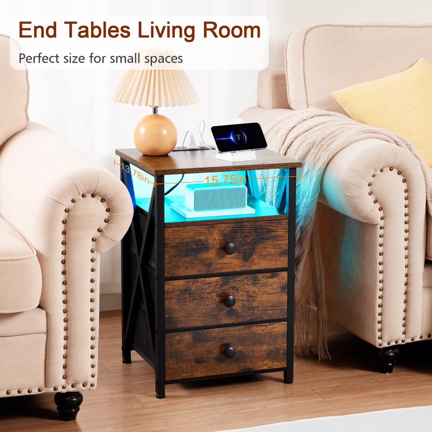 AMHANCIBLE Night Stand Set 2, LED Nightstand with Charging Station, End Side Tables with USB Port & Outlet, Bedside Tables with Fabric Drawers for Bedroom Living Room, Rustic Brown HET053LBR