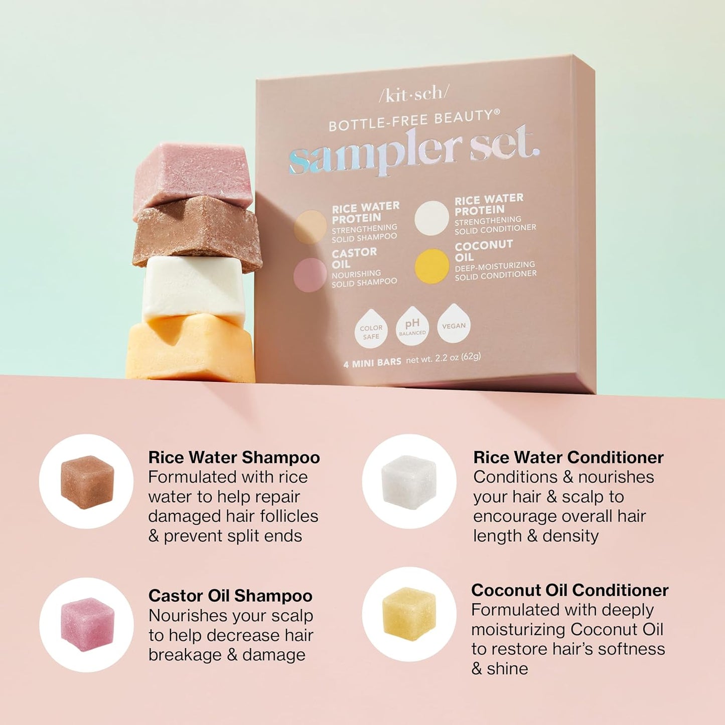 Kitsch 4pc Sampler Solid Shampoo and Conditioner Set - Rice Bar & Castor Oil Shampoo and Rice Bar & Coconut Oil Deep-Moisturizing Hair Conditioner, Zero Waste