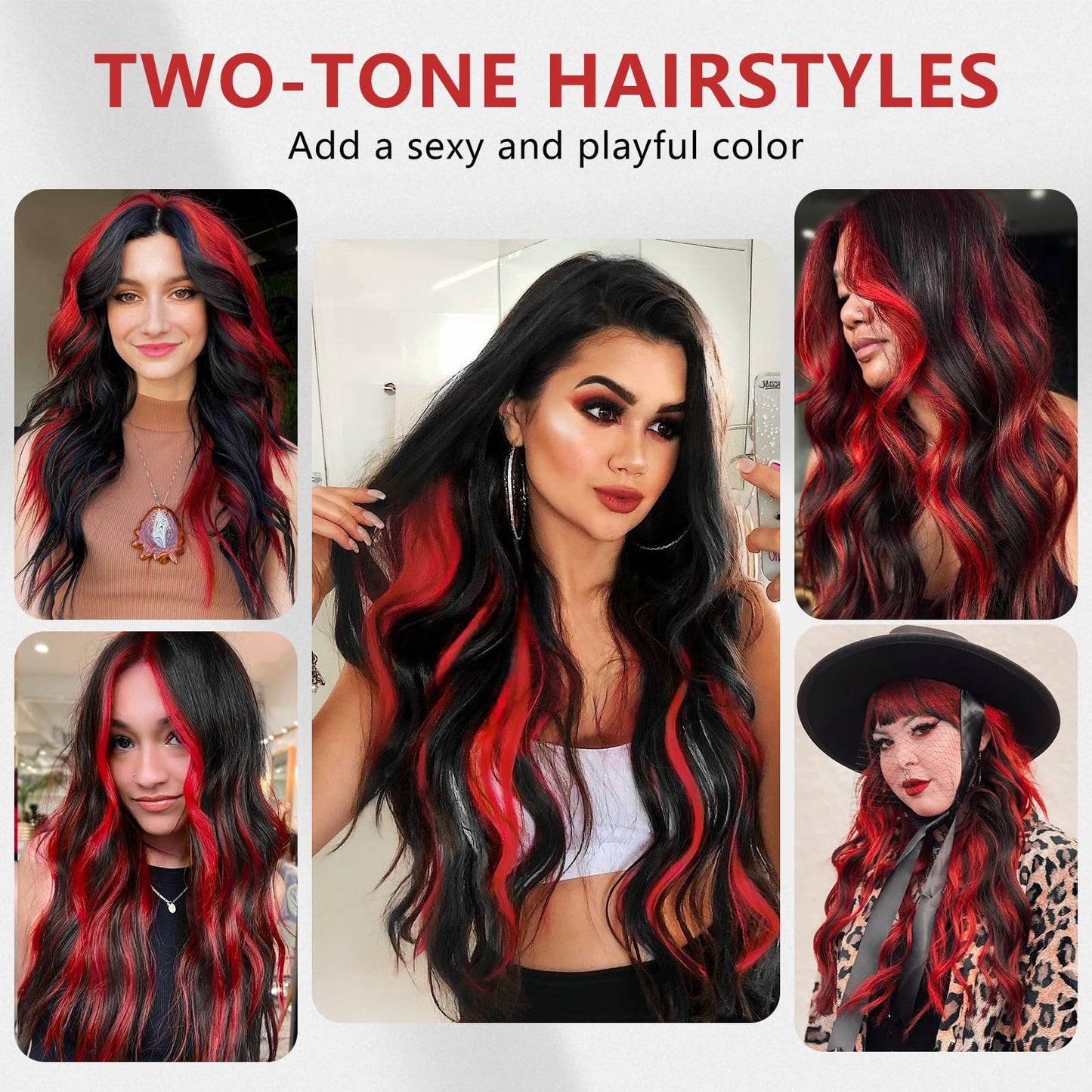 ALXNAN Clip in Long Wavy Hair Extension 20 Inch Black Red Highlights Hair Extensions 4PCS Thick Hairpieces Fiber Double Weft Hair for Women
