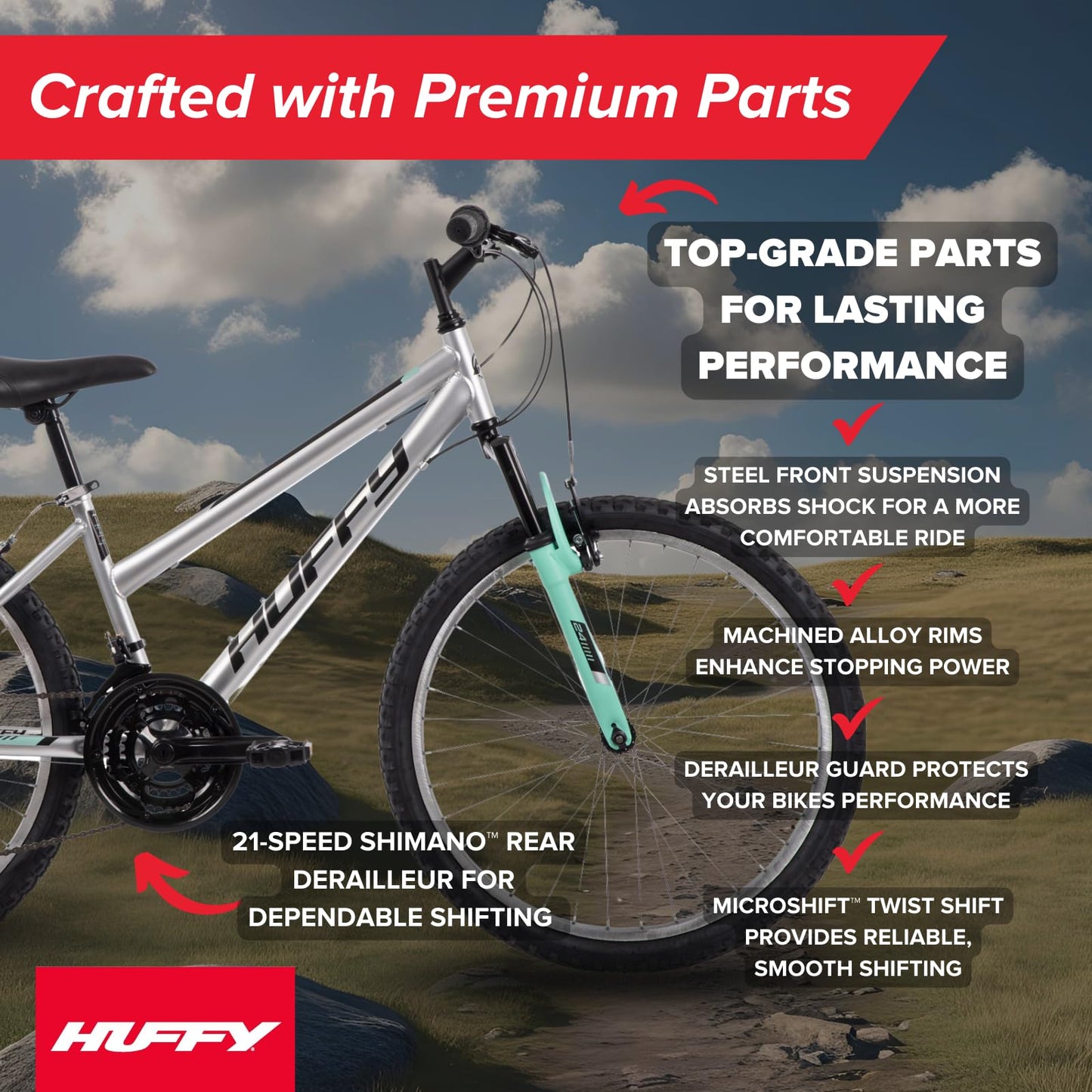 Huffy Stone Mountain Womens 24 Inch Mountain Bike, Metallic Nickel Frame, 21-Speed Shimano Twist Shifting, Front Suspension, Comfort Saddle | 20"/24"/26" Sizes, 6-21 Speeds, Dual Suspension Available