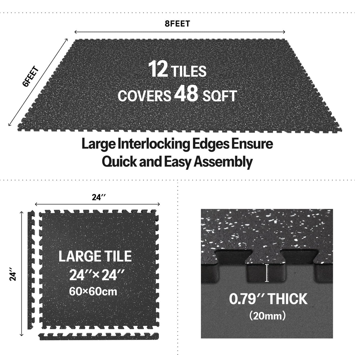AIRHOP 0.79in Thick 48 Sq Ft Exercise Equipment Mats, 12 Tiles Upgraded Rubber Top with High Density EVA Foam, Large Interlocking Puzzle Gym Flooring for Home Gym, Heavy Weight Workout,Black & White