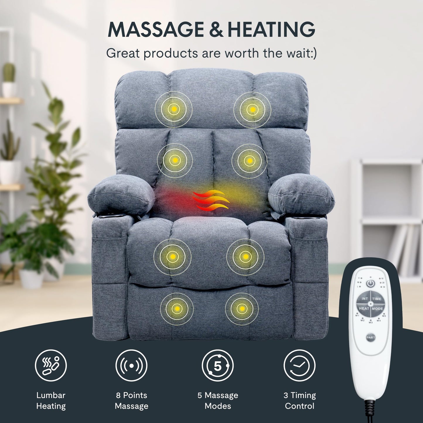 FLEXISPOT 360° Swivel Rocker Recliner, Oversized Massage Rocker Recliner Chair with Heating, Cup Holders, USB Charging Port, Swivel Glider Sofa for Living Room Nursery, Blue (XRC3)