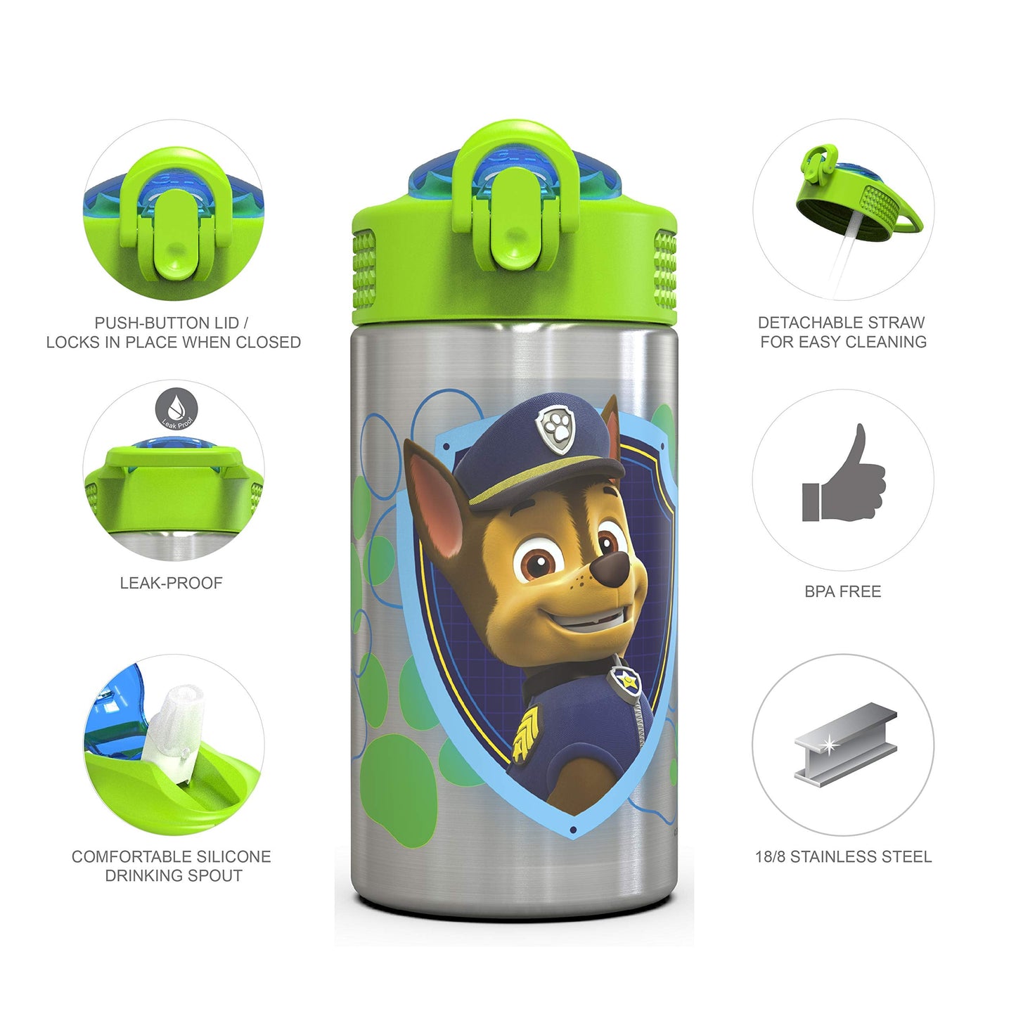 Zak Designs 15.5oz Stainless Steel Kids Water Bottle with Flip-up Straw Spout - BPA Free Durable Design, Paw Patrol Boy SS