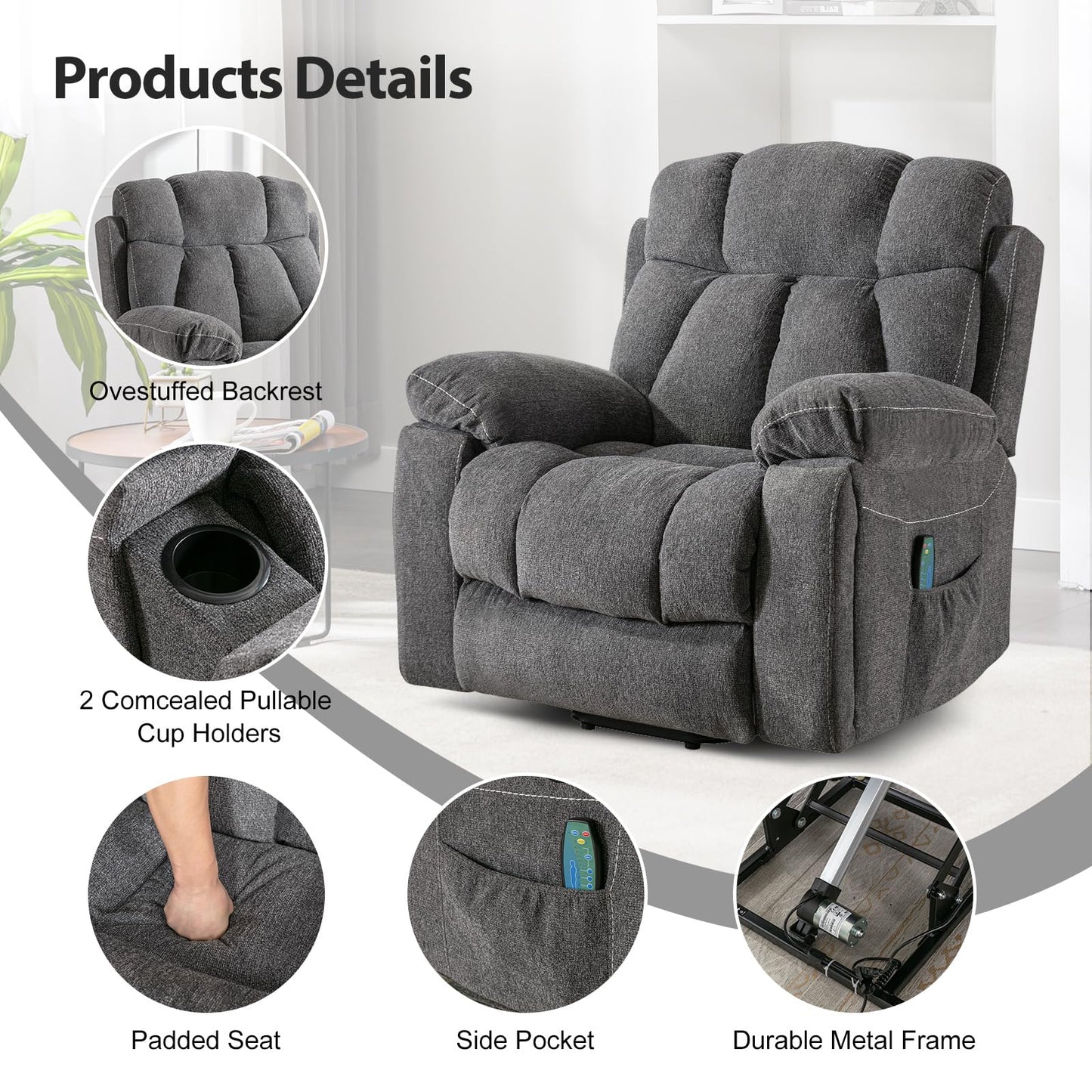 Phoenix Home Large Power Lift Recliner Chair with Massage and Heat for Elderly, Overstuffed Wide Recliners with 2 Cup Holders, Side Pocket and USB Port, Dark Gray