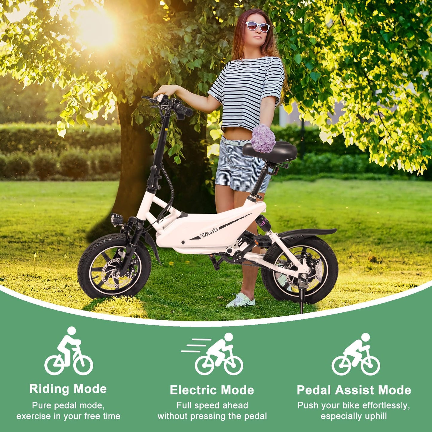 Winado 14" Electric Bike for Adults, Folding Electric Bicycle 350W Motor with Dual Shock Absorber, Dual Disc Brakes, Max Range 20Miles, Foldable Commuter City Ebike for Adults/Teens, White