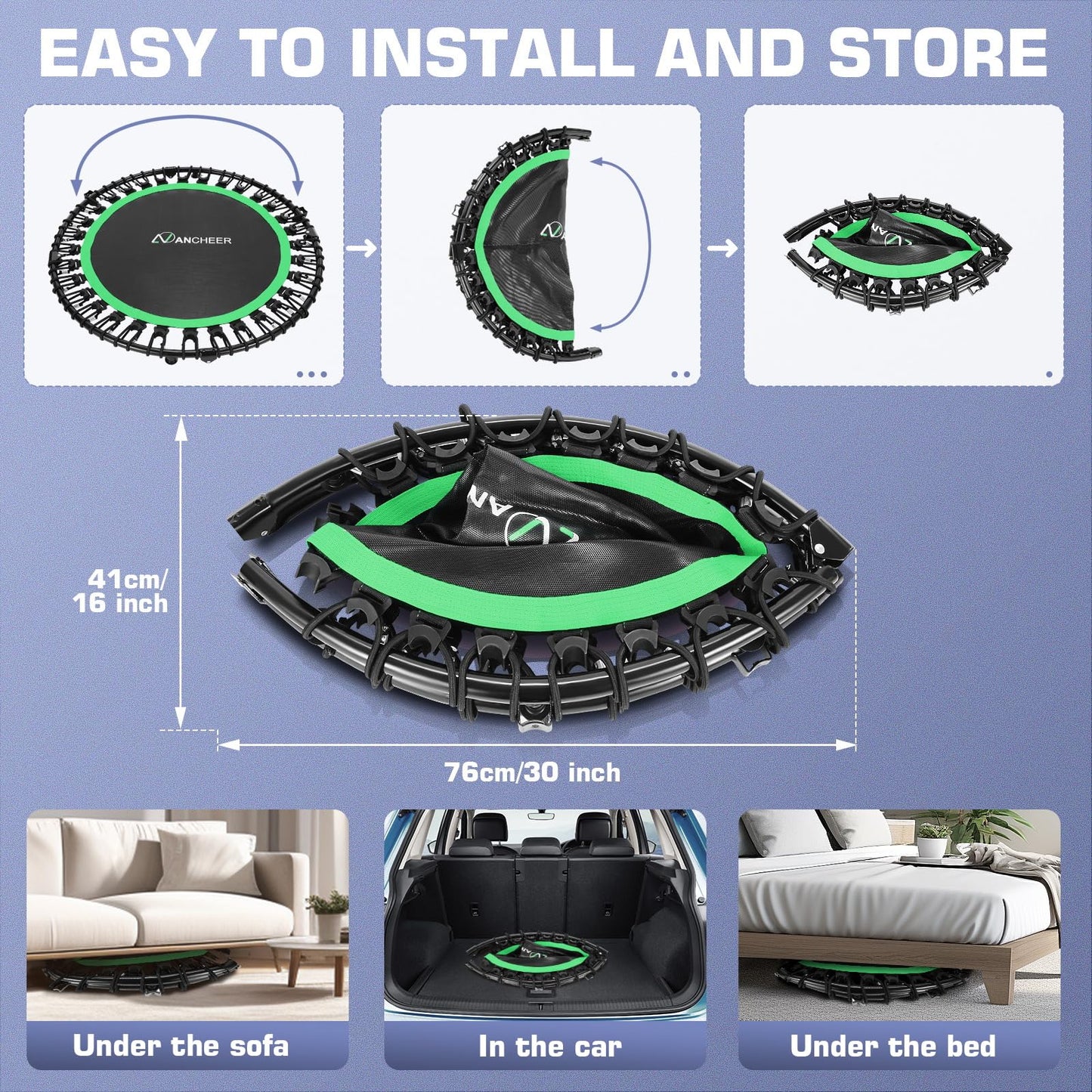 ANCHEER 40" Foldable Mini Trampoline - Max Load 350lbs - 450lbs Indoor Trampoline - with 4 Level Adjustable Foam Handle and Resistance Bands - Adult Exercise Trampoline for Home, Gym and Garden