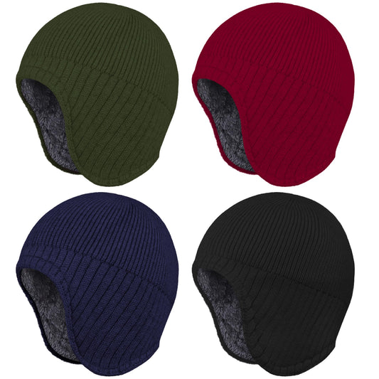 Apoway 4 Pack Winter Warm Earflap Hat Thick Fleece Lined Beanie with Ear Cover Stretchy Watch Skull Cap for Men Women
