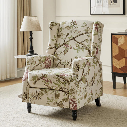 HULALA HOME Wingback Recliner Chair, Traditional Push Back Recliner Single Sofa Chair with Solid Wood Legs, Modern Lounge Armchair for Living Room, Comfy Upholstered Accent Reclining, Bird